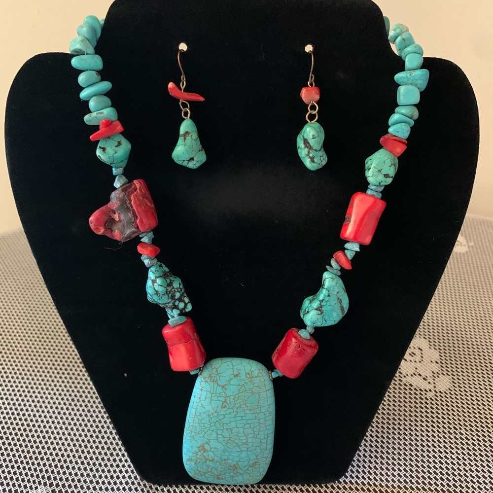 Turquoise and Coral Chunky Necklace & Earring Set